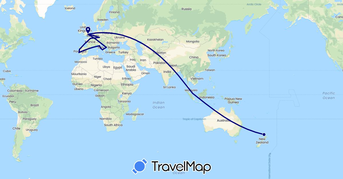 TravelMap itinerary: driving in Germany, France, United Kingdom, Croatia, Italy, New Zealand, Portugal, Singapore (Asia, Europe, Oceania)